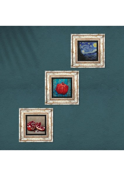 Van Gogh Yıldızlı Gece, Nar Taş Duvar Tablosu Çerçeveli Duvar Dekoru 3 Parça Tablo Seti Wall Art T3-794