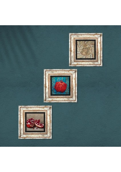 Mozaik Serisi, Nar Çerçeveli Taş Duvar Tablosu 3’lü Set - Dekoratif Modern Sanat, Ev ve Ofis Dekoru |TK3-797| fırsatları