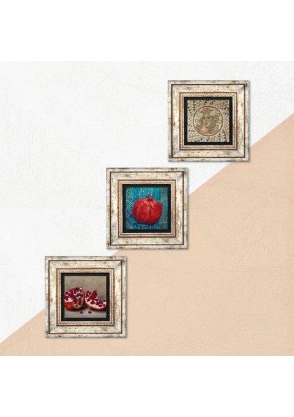 Mozaik Serisi, Nar Çerçeveli Taş Duvar Tablosu 3’lü Set - Dekoratif Modern Sanat, Ev ve Ofis Dekoru |TK3-797| indirimleri