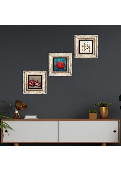 İlk Ayet 'Oku', Nar Taş Duvar Tablosu Çerçeveli Duvar Dekoru 3 Parça Tablo Seti Wall Art T3-809