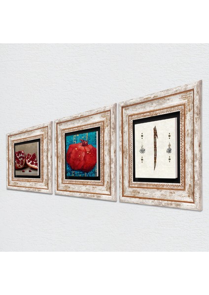 Elif, Nar Taş Duvar Tablosu Çerçeveli Duvar Dekoru 3 Parça Tablo Seti Wall Art T3-811