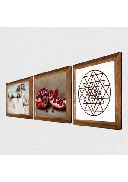 Sri Yantra, Leonardo da Vinci At Heykeli, Nar Taş Duvar Tablosu Ahşap Çerçeveli Duvar Dekoru 3 Parça Tablo Seti Wall Art W3-1311