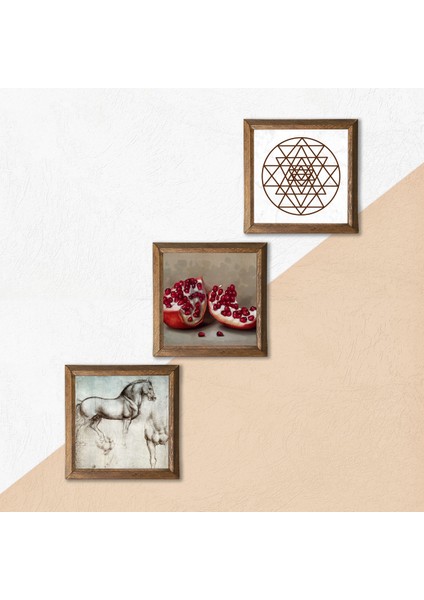 Sri Yantra, Leonardo da Vinci At Heykeli, Nar Taş Duvar Tablosu Ahşap Çerçeveli Duvar Dekoru 3 Parça Tablo Seti Wall Art W3-1311