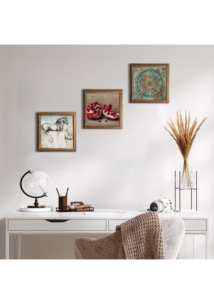 Yaşam Çiçeği, Leonardo da Vinci At Heykeli, Nar Taş Duvar Tablosu Ahşap Çerçeveli Duvar Dekoru 3 Parça Tablo Seti Wall Art W3-1318