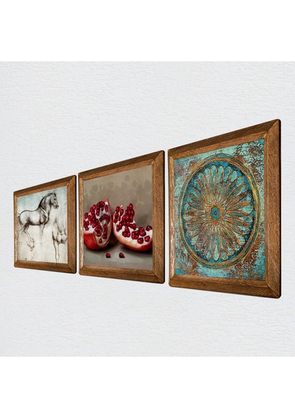 Yaşam Çiçeği, Leonardo da Vinci At Heykeli, Nar Taş Duvar Tablosu Ahşap Çerçeveli Duvar Dekoru 3 Parça Tablo Seti Wall Art W3-1318
