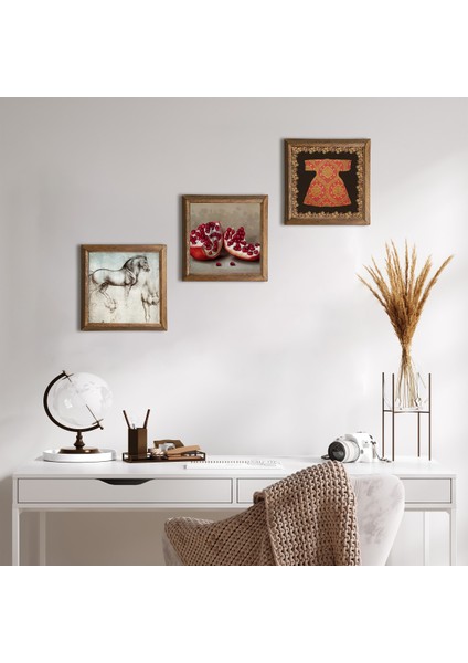 Hırka-i Şerif, Nar, At Taş Duvar Tablosu Ahşap Çerçeveli Duvar Dekoru 3 Parça Tablo Seti Wall Art W3-1325