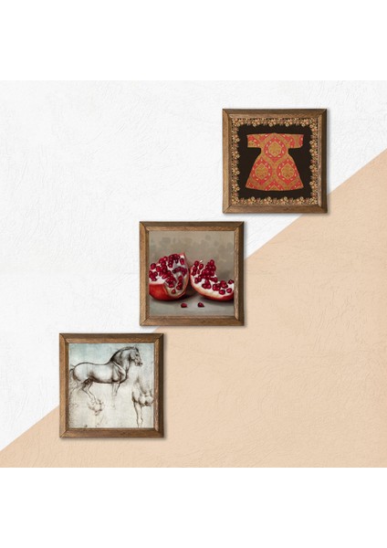 Hırka-i Şerif, Nar, At Taş Duvar Tablosu Ahşap Çerçeveli Duvar Dekoru 3 Parça Tablo Seti Wall Art W3-1325 indirimleri