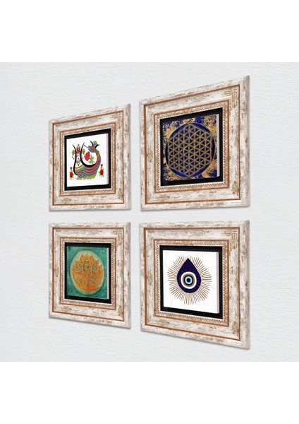 Nazar, Lotus Çiçeği, Yaşam Çiçeği, Şahmeran Çerçeveli Taş Duvar Tablosu 4’lü Set - Dekoratif Modern Sanat, Ev ve Ofis Dekoru |TK4-1416| fiyatları