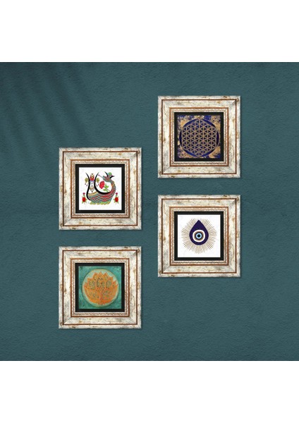 Nazar, Lotus Çiçeği, Yaşam Çiçeği, Şahmeran Çerçeveli Taş Duvar Tablosu 4’lü Set - Dekoratif Modern Sanat, Ev ve Ofis Dekoru |TK4-1416| fırsatları