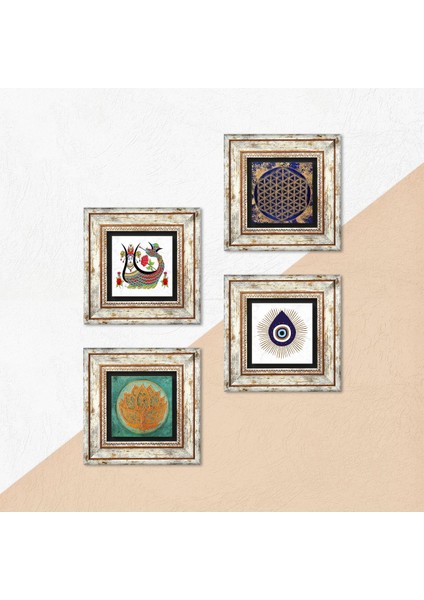 Nazar, Lotus Çiçeği, Yaşam Çiçeği, Şahmeran Çerçeveli Taş Duvar Tablosu 4’lü Set - Dekoratif Modern Sanat, Ev ve Ofis Dekoru |TK4-1416| indirimleri