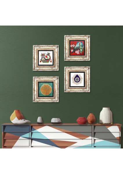 Nazar, Kuş, Lotus Çiçeği, Şahmeran Çerçeveli Taş Duvar Tablosu 4’lü Set - Dekoratif Modern Sanat, Ev ve Ofis Dekoru |TK4-1426|