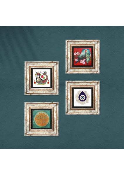 Nazar, Kuş, Lotus Çiçeği, Şahmeran Çerçeveli Taş Duvar Tablosu 4’lü Set - Dekoratif Modern Sanat, Ev ve Ofis Dekoru |TK4-1426| fırsatları