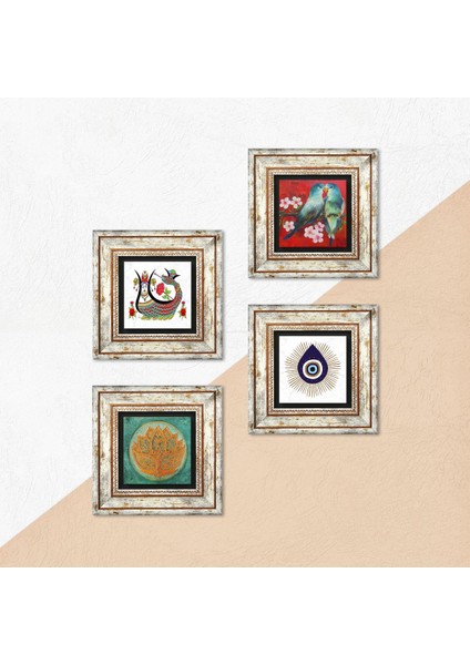 Nazar, Kuş, Lotus Çiçeği, Şahmeran Çerçeveli Taş Duvar Tablosu 4’lü Set - Dekoratif Modern Sanat, Ev ve Ofis Dekoru |TK4-1426| indirimleri