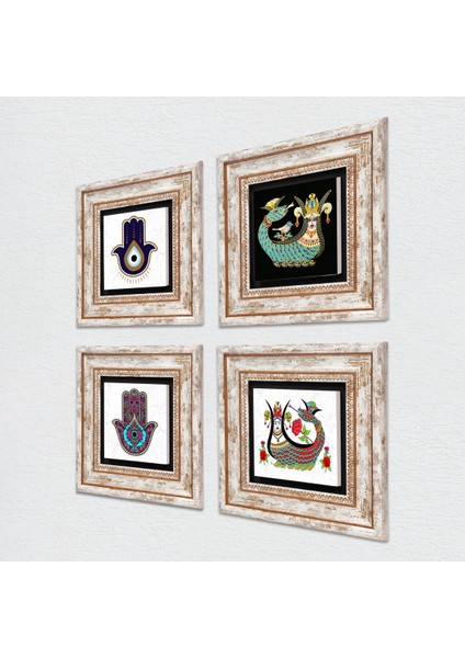 Fatma Ana Eli (Hamsa), Şahmeran Taş Duvar Tablosu Çerçeveli Duvar Dekoru 4 Parça Tablo Seti Wall Art T4-1406