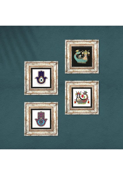 Fatma Ana Eli (Hamsa), Şahmeran Taş Duvar Tablosu Çerçeveli Duvar Dekoru 4 Parça Tablo Seti Wall Art T4-1406