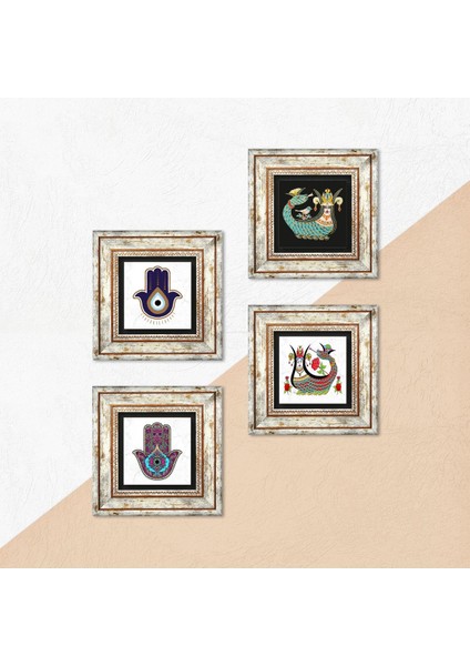 Fatma Ana Eli (Hamsa), Şahmeran Taş Duvar Tablosu Çerçeveli Duvar Dekoru 4 Parça Tablo Seti Wall Art T4-1406