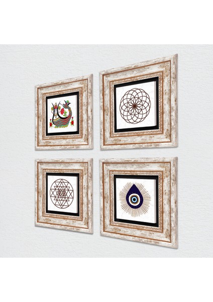 Nazar, Yaşam Çiçeği, Sri Yantra, Şahmeran Taş Duvar Tablosu Çerçeveli Duvar Dekoru 4 Parça Tablo Seti Wall Art T4-1411