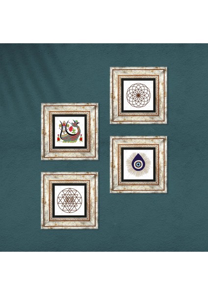 Nazar, Yaşam Çiçeği, Sri Yantra, Şahmeran Taş Duvar Tablosu Çerçeveli Duvar Dekoru 4 Parça Tablo Seti Wall Art T4-1411