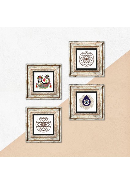 Nazar, Yaşam Çiçeği, Sri Yantra, Şahmeran Taş Duvar Tablosu Çerçeveli Duvar Dekoru 4 Parça Tablo Seti Wall Art T4-1411