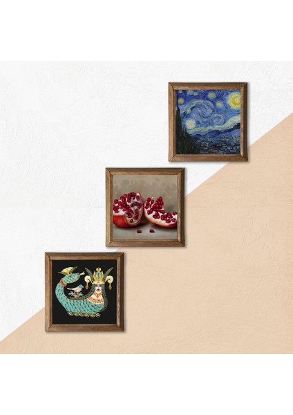 Van Gogh Yıldızlı Gece, Şahmeran, Nar Ahşap Çerçeveli Taş Duvar Tablosu 3’lü Set – 25x25 cm Dekoratif Modern Sanat – Ev ve Ofis Dekoru |W3-971| indirimleri