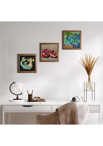 Van Gogh İrisler, Şahmeran, Nar Ahşap Çerçeveli Taş Duvar Tablosu 3’lü Set – 25x25 cm Dekoratif Modern Sanat – Ev ve Ofis Dekoru |W3-972|