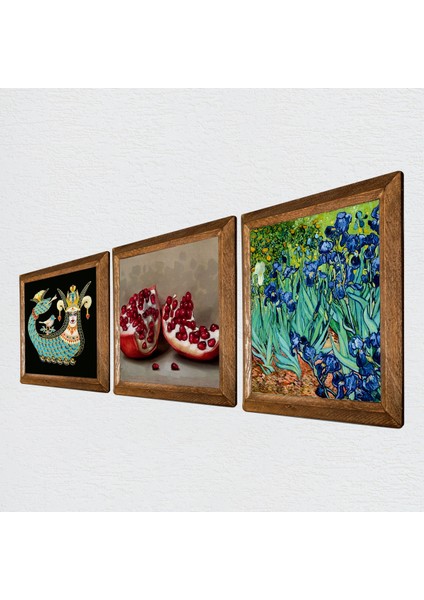 Van Gogh İrisler, Şahmeran, Nar Ahşap Çerçeveli Taş Duvar Tablosu 3’lü Set – 25x25 cm Dekoratif Modern Sanat – Ev ve Ofis Dekoru |W3-972| fiyatları