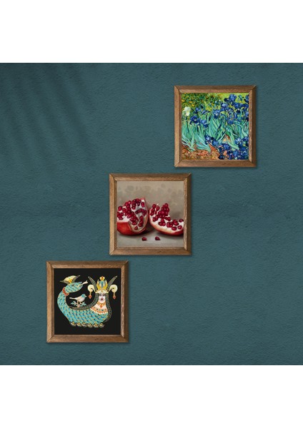 Van Gogh İrisler, Şahmeran, Nar Ahşap Çerçeveli Taş Duvar Tablosu 3’lü Set – 25x25 cm Dekoratif Modern Sanat – Ev ve Ofis Dekoru |W3-972| modelleri