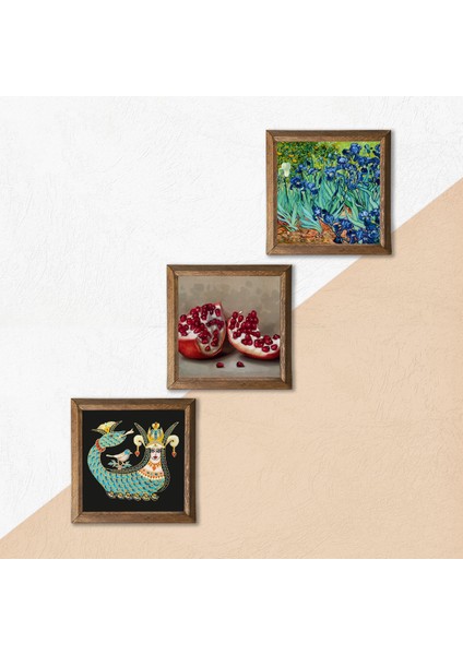 Van Gogh İrisler, Şahmeran, Nar Ahşap Çerçeveli Taş Duvar Tablosu 3’lü Set – 25x25 cm Dekoratif Modern Sanat – Ev ve Ofis Dekoru |W3-972| indirimleri