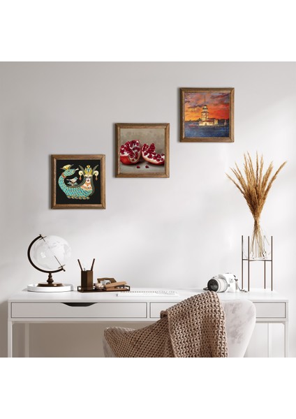 İstanbul Kız Kulesi, Şahmeran, Nar Taş Duvar Tablosu Ahşap Çerçeveli Duvar Dekoru 3 Parça Tablo Seti Wall Art W3-976