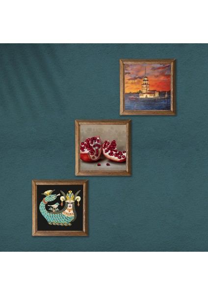 İstanbul Kız Kulesi, Şahmeran, Nar Taş Duvar Tablosu Ahşap Çerçeveli Duvar Dekoru 3 Parça Tablo Seti Wall Art W3-976