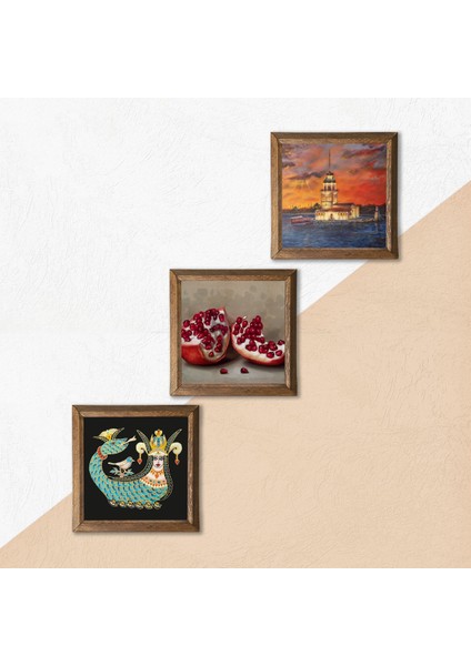 İstanbul Kız Kulesi, Şahmeran, Nar Taş Duvar Tablosu Ahşap Çerçeveli Duvar Dekoru 3 Parça Tablo Seti Wall Art W3-976