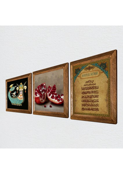 Ayet-el Kürsi, Şahmeran, Nar Taş Duvar Tablosu Ahşap Çerçeveli Duvar Dekoru 3 Parça Tablo Seti Wall Art W3-982