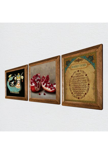 Bereket Duası, Şahmeran, Nar Taş Duvar Tablosu Ahşap Çerçeveli Duvar Dekoru 3 Parça Tablo Seti Wall Art W3-983