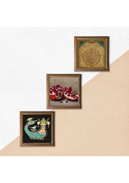 Bereket Duası, Şahmeran, Nar Taş Duvar Tablosu Ahşap Çerçeveli Duvar Dekoru 3 Parça Tablo Seti Wall Art W3-983