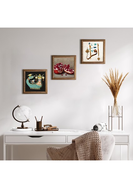 İlk Ayet 'Oku', Şahmeran, Nar Taş Duvar Tablosu Ahşap Çerçeveli Duvar Dekoru 3 Parça Tablo Seti Wall Art W3-986