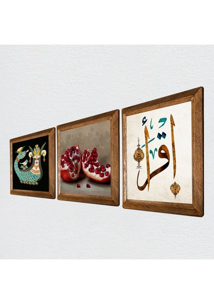 İlk Ayet 'Oku', Şahmeran, Nar Taş Duvar Tablosu Ahşap Çerçeveli Duvar Dekoru 3 Parça Tablo Seti Wall Art W3-986 fiyatları