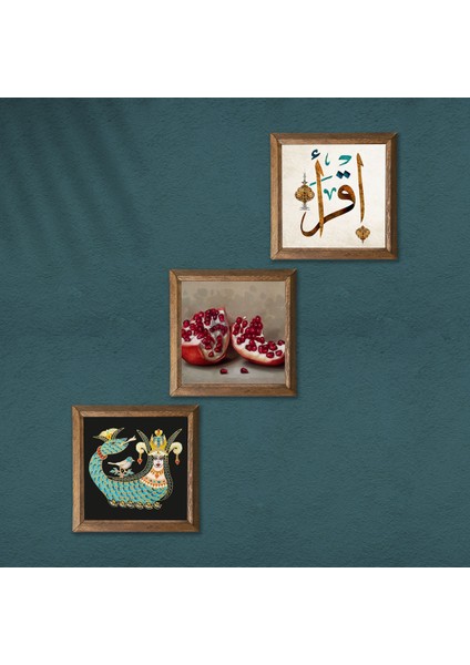 İlk Ayet 'Oku', Şahmeran, Nar Taş Duvar Tablosu Ahşap Çerçeveli Duvar Dekoru 3 Parça Tablo Seti Wall Art W3-986 modelleri