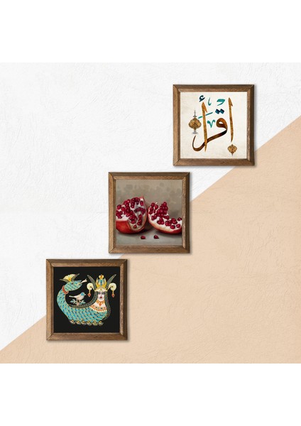 İlk Ayet 'Oku', Şahmeran, Nar Taş Duvar Tablosu Ahşap Çerçeveli Duvar Dekoru 3 Parça Tablo Seti Wall Art W3-986 indirimleri