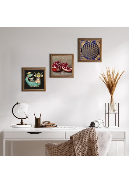 Yaşam Çiçeği, Şahmeran, Nar Ahşap Çerçeveli Taş Duvar Tablosu 3’lü Set – 25x25 cm Dekoratif Modern Sanat – Ev ve Ofis Dekoru |W3-993|
