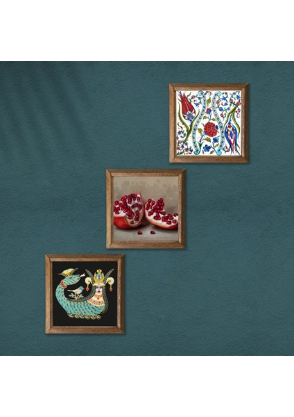 Çini Sanatı Lale, Şahmeran, Nar Ahşap Çerçeveli Taş Duvar Tablosu 3’lü Set – 25x25 cm Dekoratif Modern Sanat – Ev ve Ofis Dekoru |W3-999| modelleri