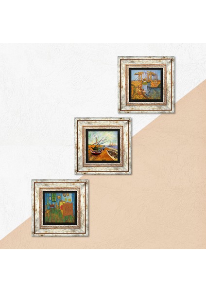Van Gogh Taş Duvar Tablosu Çerçeveli Duvar Dekoru 3 Parça Tablo Seti Wall Art T3-542
