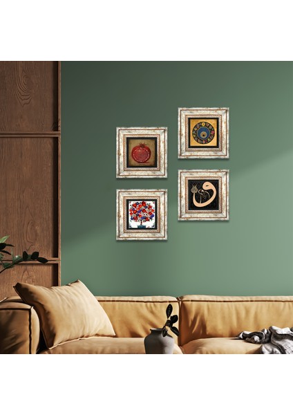 Vav, Nazar, Bereket Duası, Nar Ağacı Çerçeveli Taş Duvar Tablosu 4’lü Set - Dekoratif Modern Sanat, Ev ve Ofis Dekoru |TK4-208|