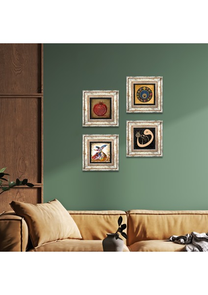 Vav, Nazar, Bereket Duası, Semazen Taş Duvar Tablosu Çerçeveli Duvar Dekoru 4 Parça Tablo Seti Wall Art T4-211