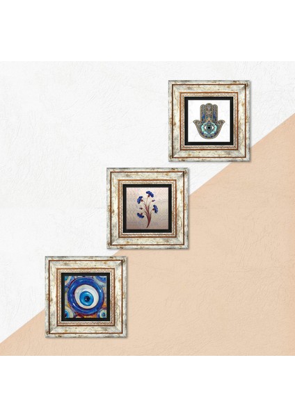 Nazar, Ebru Sanatı, Fatma Ana Eli (Hamsa) Taş Duvar Tablosu Çerçeveli Duvar Dekoru 3 Parça Tablo Seti Wall Art T3-1990