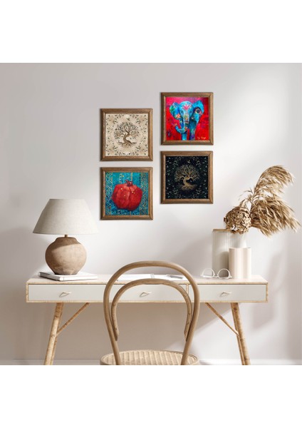 Stone Fil, Hayat Ağacı, Nar Ahşap Çerçeveli Taş Duvar Tablosu 4’lü Set – 25x25 cm Dekoratif Modern Sanat – Ev ve Ofis Dekoru |W4-851|
