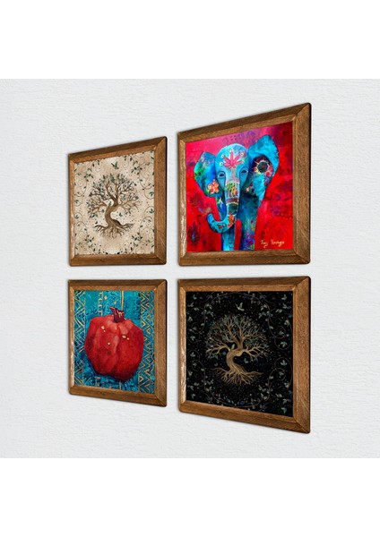 Stone Fil, Hayat Ağacı, Nar Ahşap Çerçeveli Taş Duvar Tablosu 4’lü Set – 25x25 cm Dekoratif Modern Sanat – Ev ve Ofis Dekoru |W4-851| fiyatları