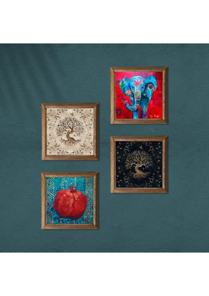 Stone Fil, Hayat Ağacı, Nar Ahşap Çerçeveli Taş Duvar Tablosu 4’lü Set – 25x25 cm Dekoratif Modern Sanat – Ev ve Ofis Dekoru |W4-851| modelleri