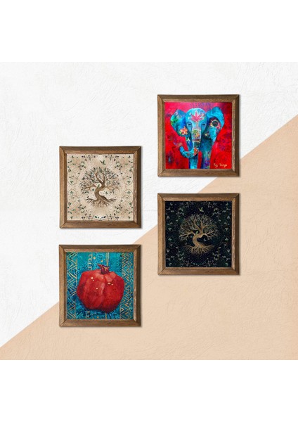 Stone Fil, Hayat Ağacı, Nar Ahşap Çerçeveli Taş Duvar Tablosu 4’lü Set – 25x25 cm Dekoratif Modern Sanat – Ev ve Ofis Dekoru |W4-851| indirimleri