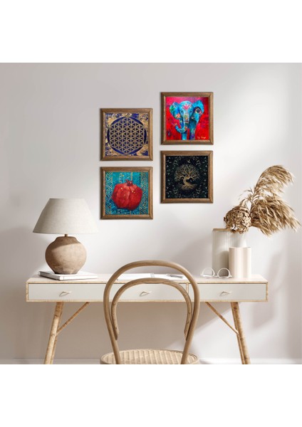 Fil, Yaşam Çiçeği, Hayat Ağacı, Nar Taş Duvar Tablosu Ahşap Çerçeveli Duvar Dekoru 4 Parça Tablo Seti Wall Art W4-852