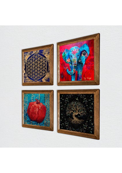 Fil, Yaşam Çiçeği, Hayat Ağacı, Nar Taş Duvar Tablosu Ahşap Çerçeveli Duvar Dekoru 4 Parça Tablo Seti Wall Art W4-852 fiyatları